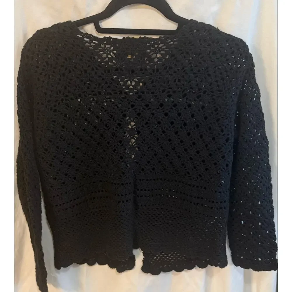 Vintage Tiara Petites Black Crochet Button Front Cardigan PM Ramie Cotton Boho